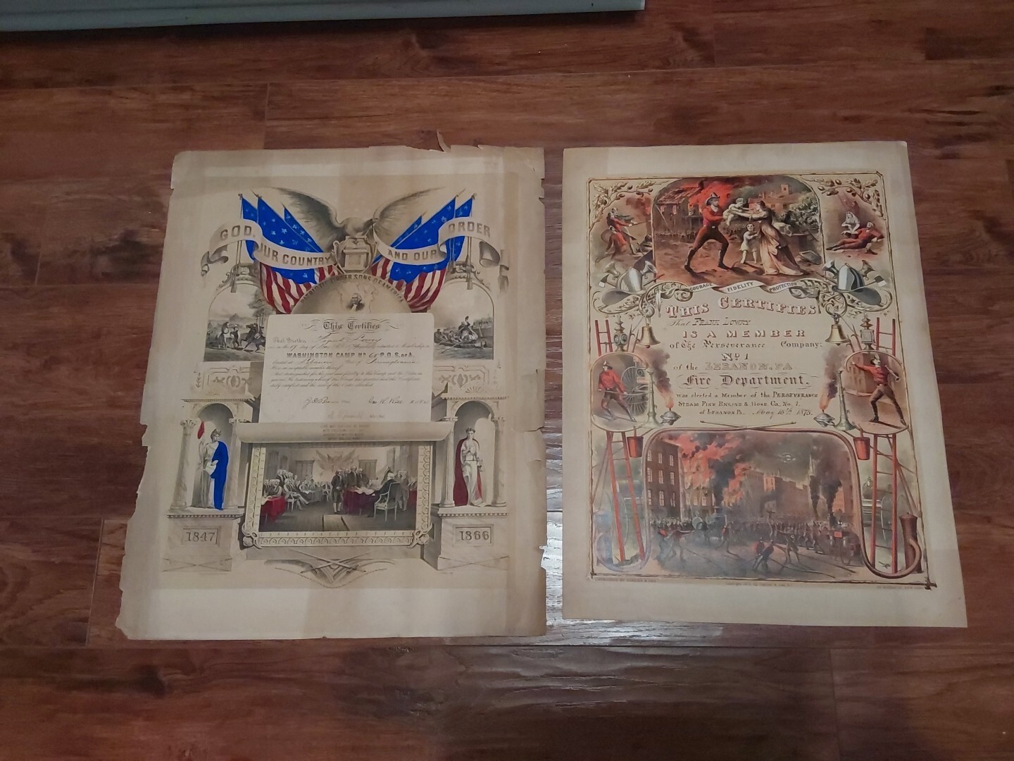 Lebanon PA 2 1870s Certificates Currier & Ives Fire Fighter & Sons of America Lebanon PA 2 1870s Certificates Currier & Ives Fire Fighter & Sons of America