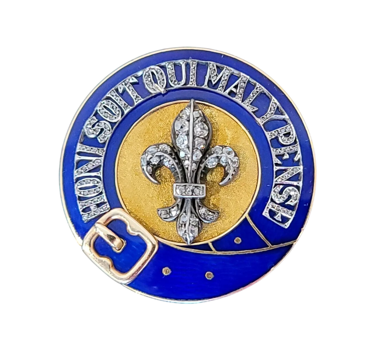 Royal Victorian Gold Diamond Enamel Order of The Garter Belt Fleur-de-Lis Brooch