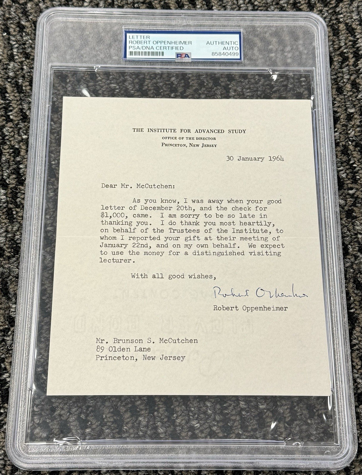 Robert Oppenheimer Signed Institute Of Advanced Study 1964 Typed Letter PSA/DNA