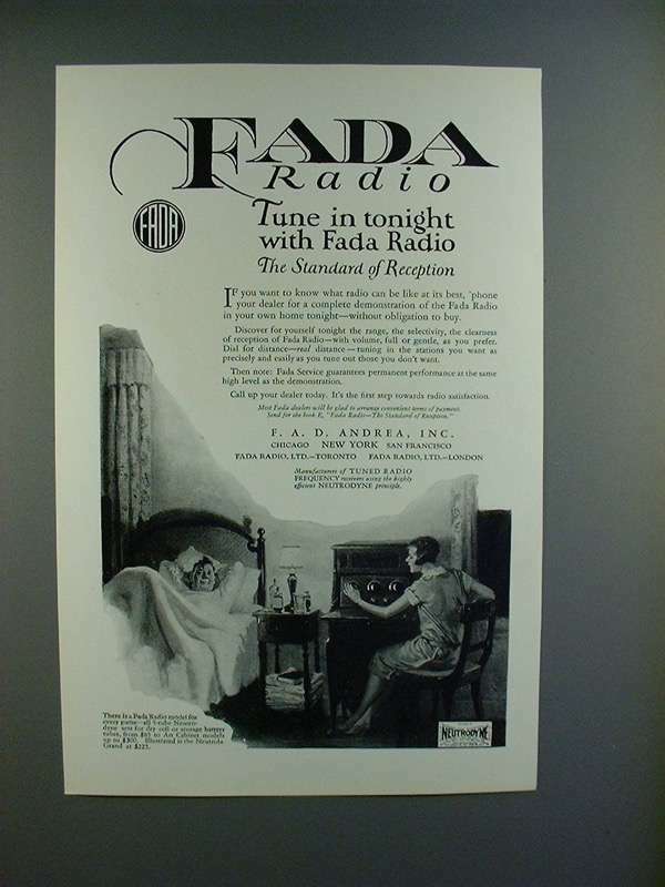 1925 Fada Neutrola Grand Radio Ad - Tune in tonight