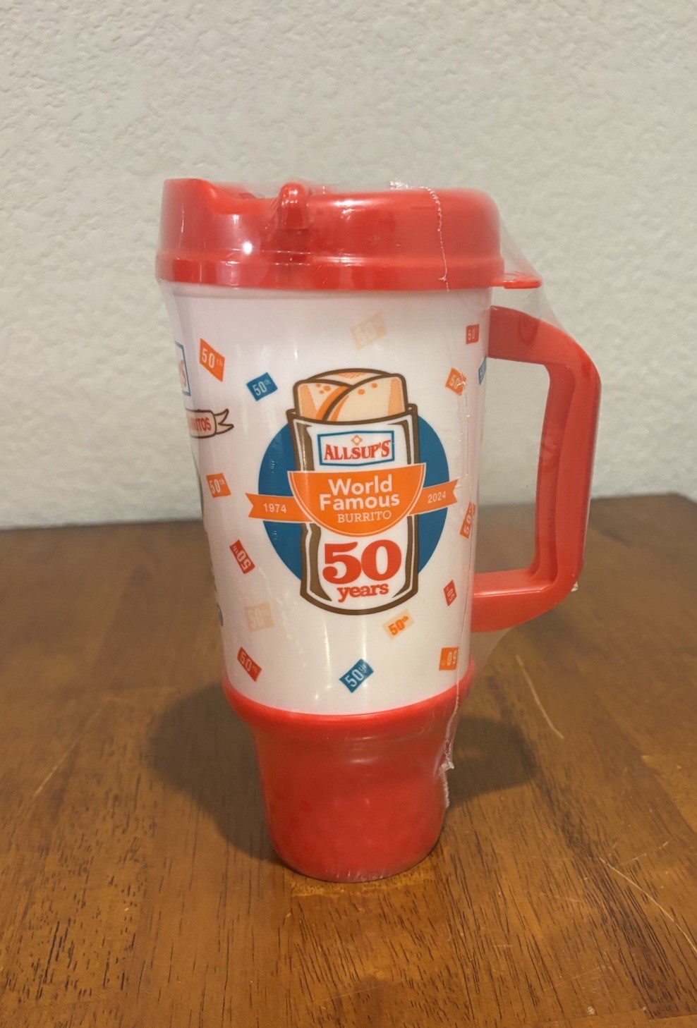 Allsup's 50th Anniversary World Famous Burrito 32 oz Travel Mug Red Whirley New Allsup's 50th Anniversary World Famous Burrito 32 oz Travel Mug Red Whirley New