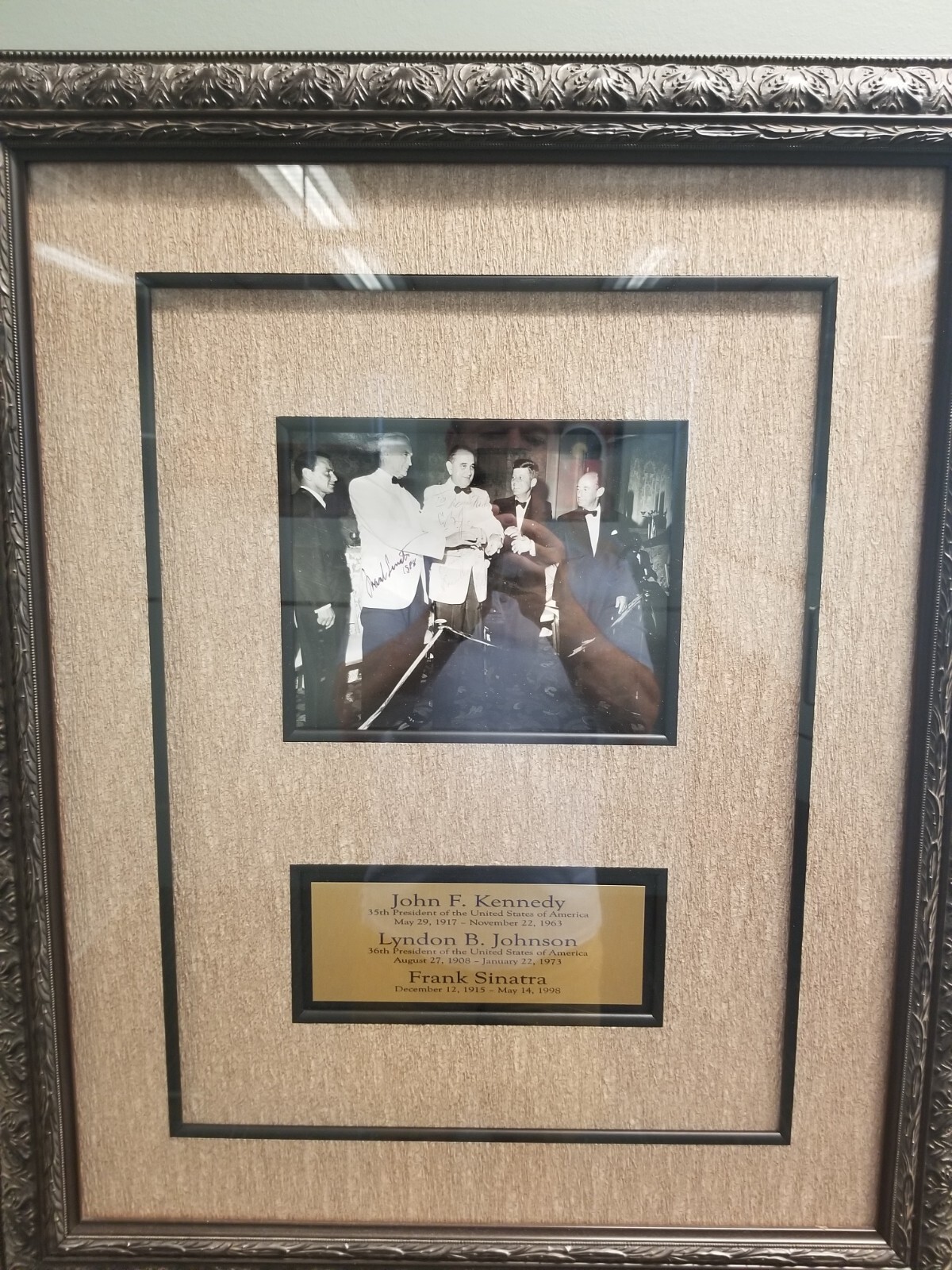 John F. Kennedy, Lyndon B. Johnson, Frank Sinatra Framed Autographed Photograph John F. Kennedy, Lyndon B. Johnson, Frank Sinatra Framed Autographed Photograph