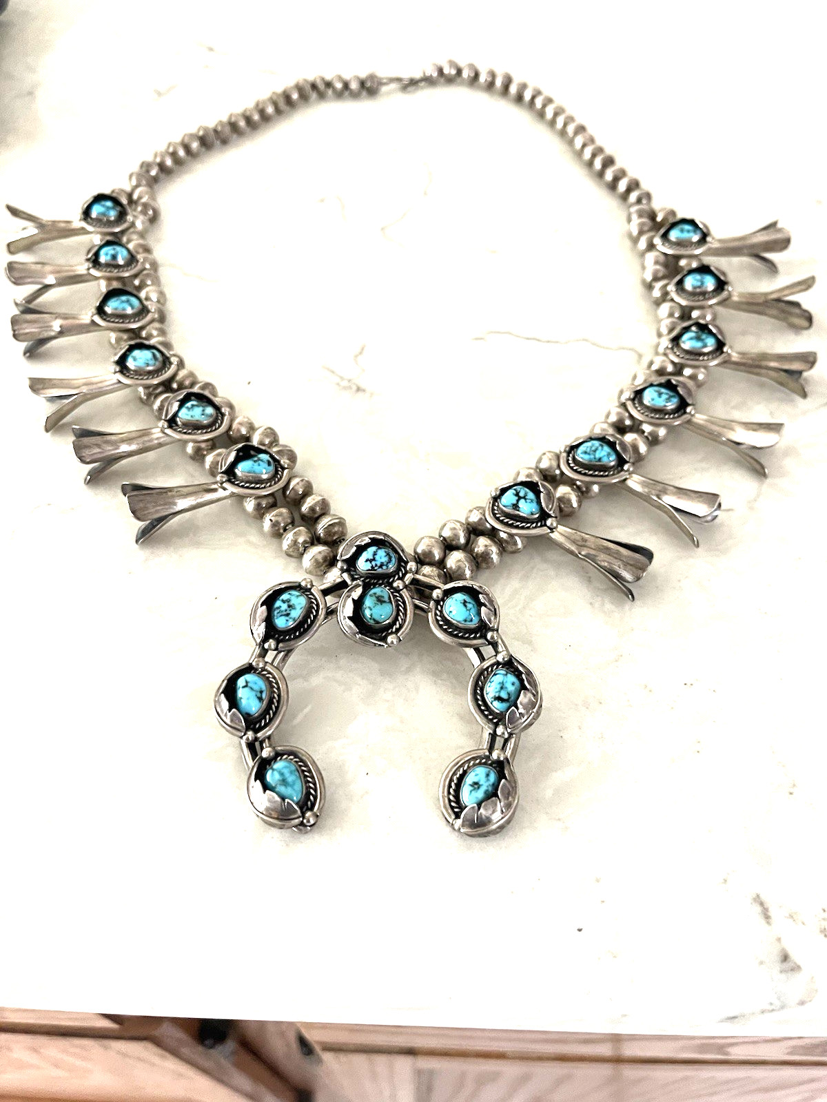Navajo Sterling Amazing Morenci Turquoise Squash Blossom Naja Necklace