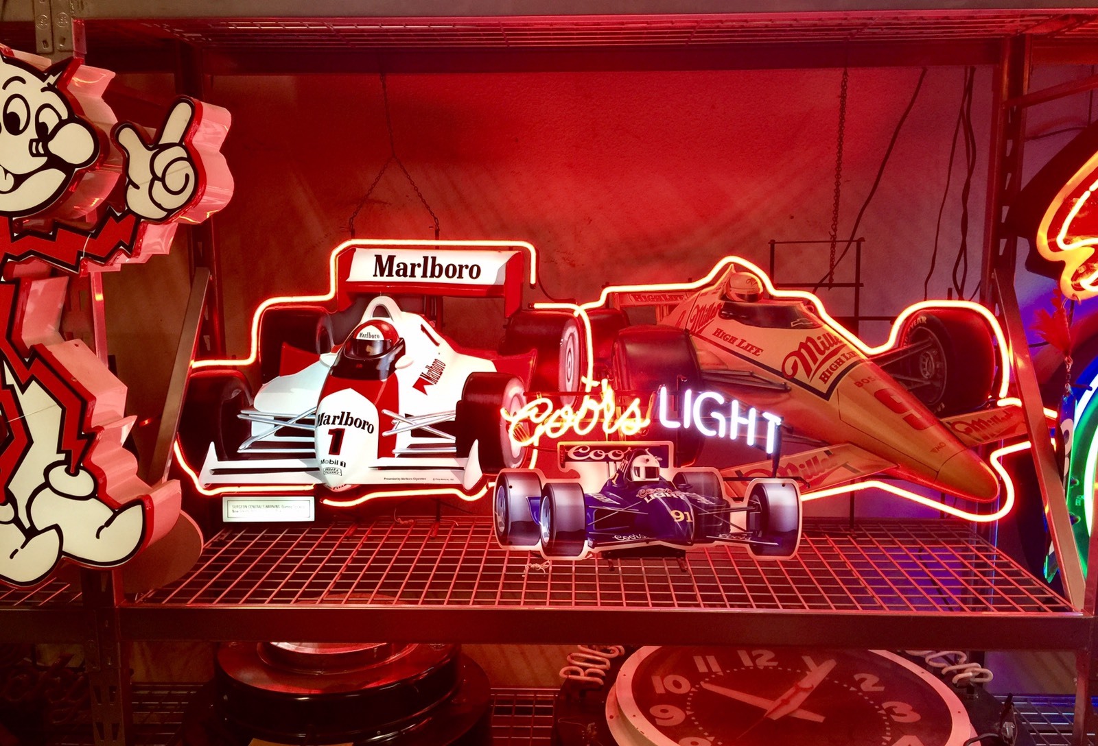 NEON SIGNS: MILLER HIGH LIFE + COORS LIGHT+ MARLBORO MOBIL INDY F1 RACE CAR NEON SIGNS: MILLER HIGH LIFE + COORS LIGHT+ MARLBORO MOBIL INDY F1 RACE CAR