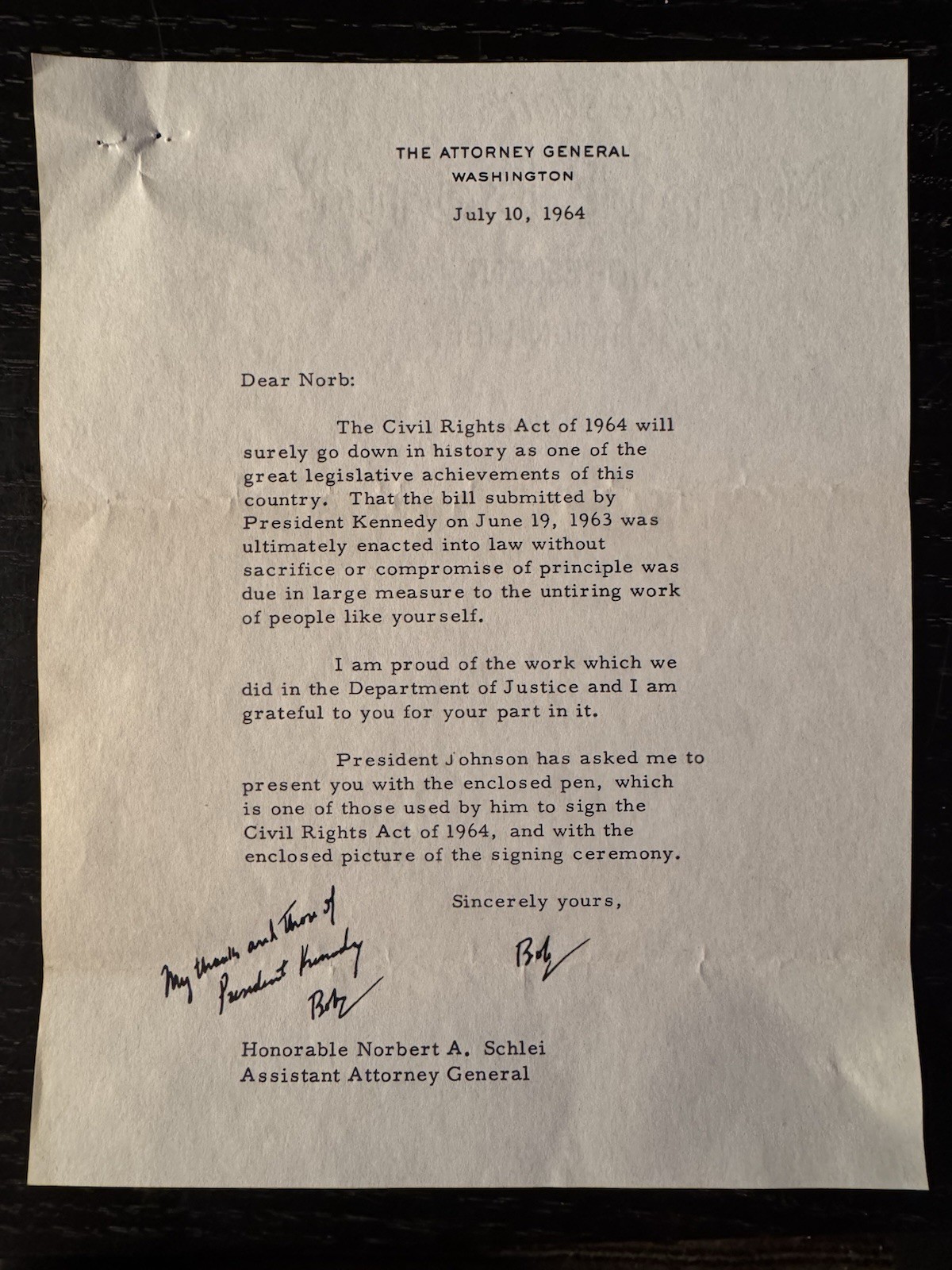 RFK ROBERT F KENNEDY SIGNED 1964 CIVIL RIGHTS ACT DOJ LETTER NORBERT SCHLEI