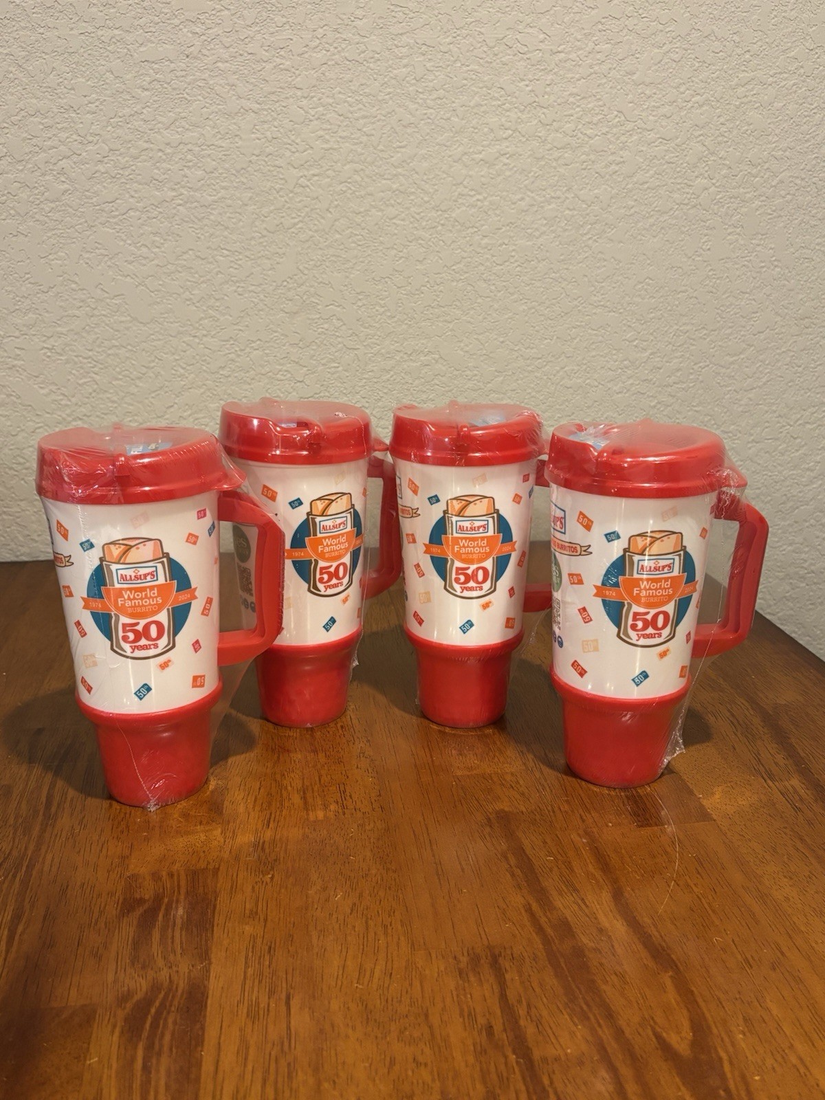 Allsup's 50th Anniversary World Famous Burrito 32 oz Travel Mug Red Whirley New Allsup's 50th Anniversary World Famous Burrito 32 oz Travel Mug Red Whirley New