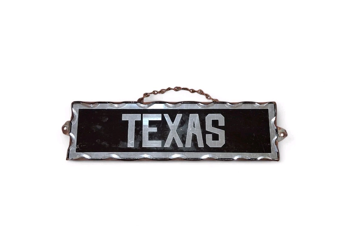 Antique TEXAS Reverse Painted Scalloped Chipped Glass And Metal Sign Plaque