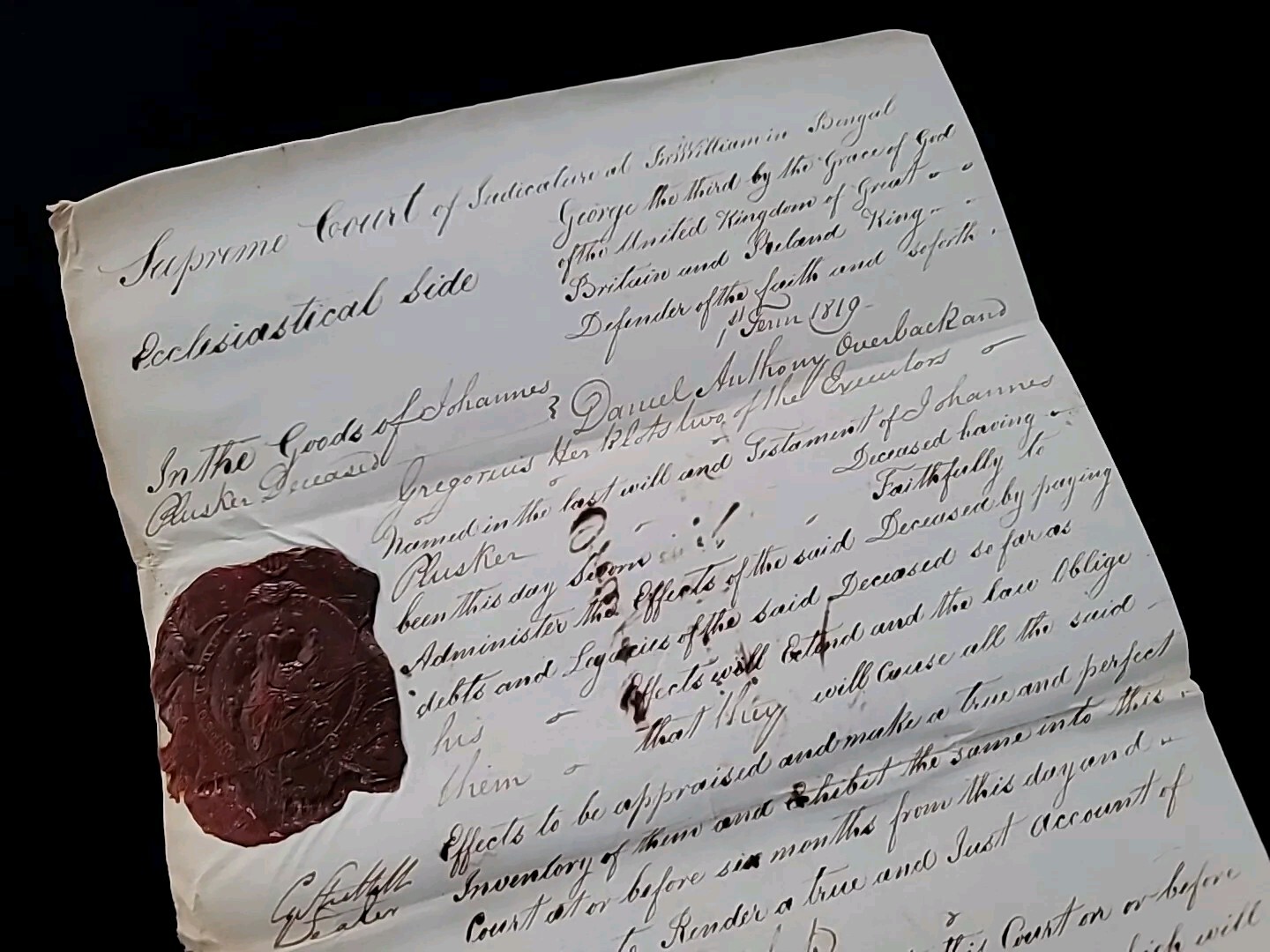 1819 George III Fort William Probate Document Last Dutch Bengal India Resident