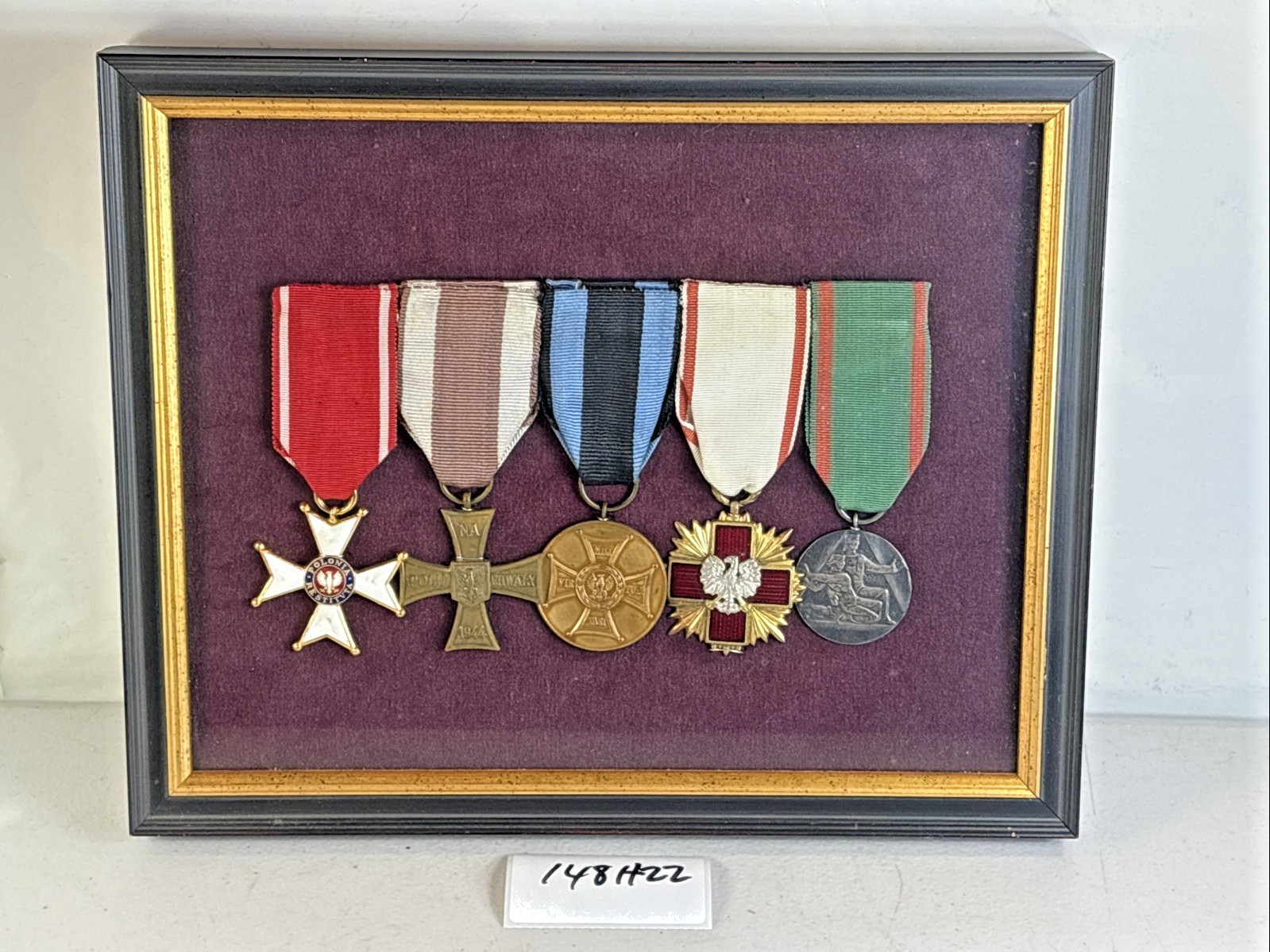 WW2 Polish 5-Medal Valor Group Framed Virtue Red Cross Comm Poland Award 148H22 WW2 Polish 5-Medal Valor Group Framed Virtue Red Cross Comm Poland Award 148H22