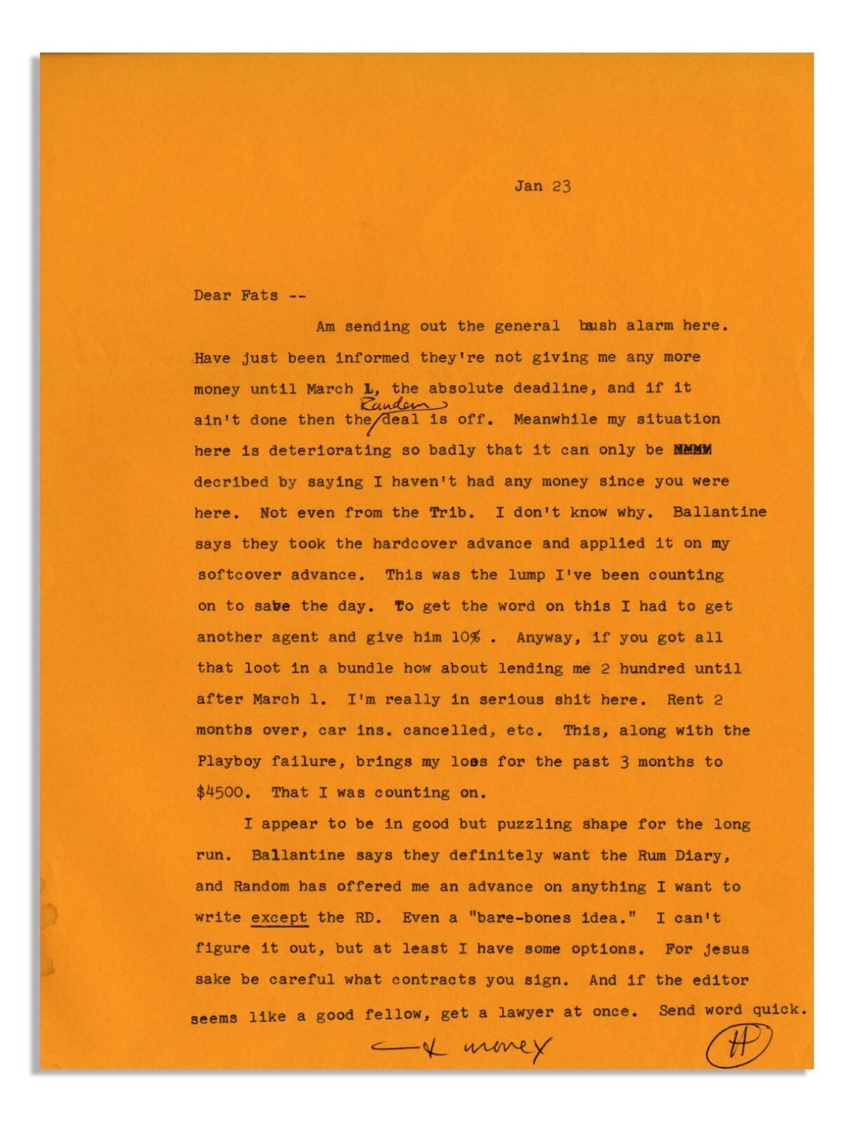 Hunter S. Thompson Letter Signed From 1966 re Rum Diary