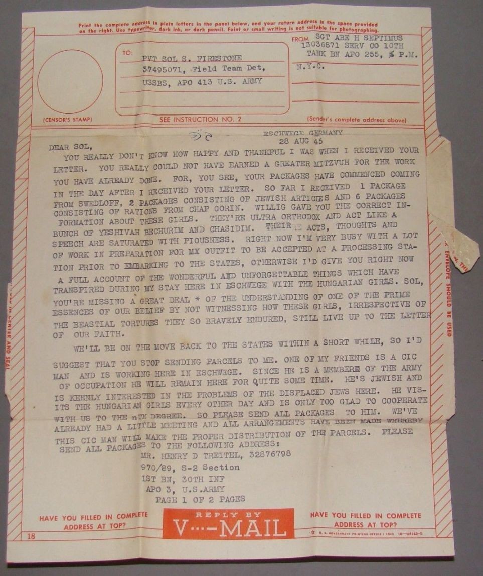 V-Mail 1945 American Jewish Soldier Letter Hungary Girls Holocaust Survivor WWII