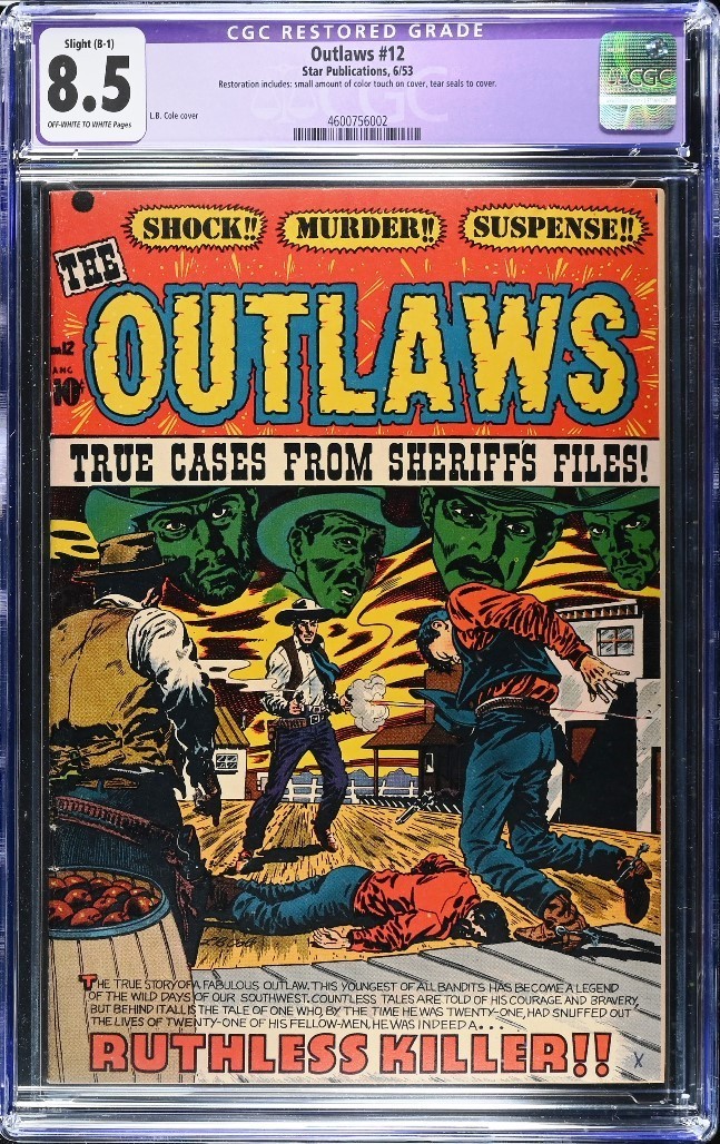 Outlaws #12 CGC 8.5 restored OW-W pages LB Cole cover 2nd highest 1953 Star