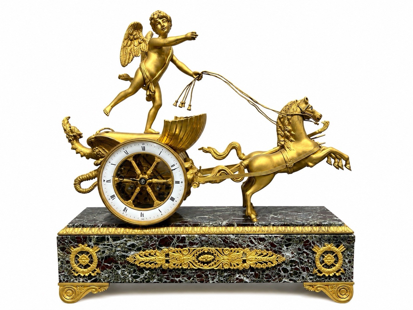 Antique French Empire Ormolu Bronze Cherub Chariot Mantel Clock on Marble Base Antique French Empire Ormolu Bronze Cherub Chariot Mantel Clock on Marble Base