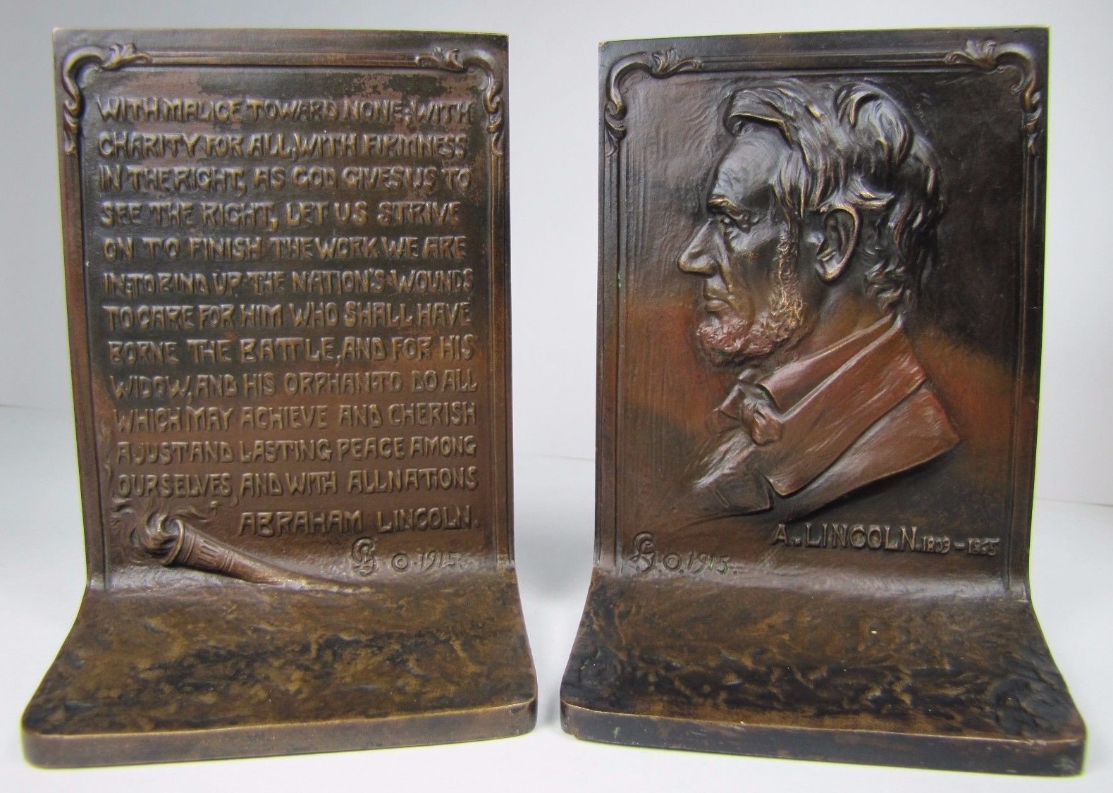 c1915 ABRAHAM LINCOLN GRIFFOUL NEWARK NJ LCT Antique Bronze Bookends