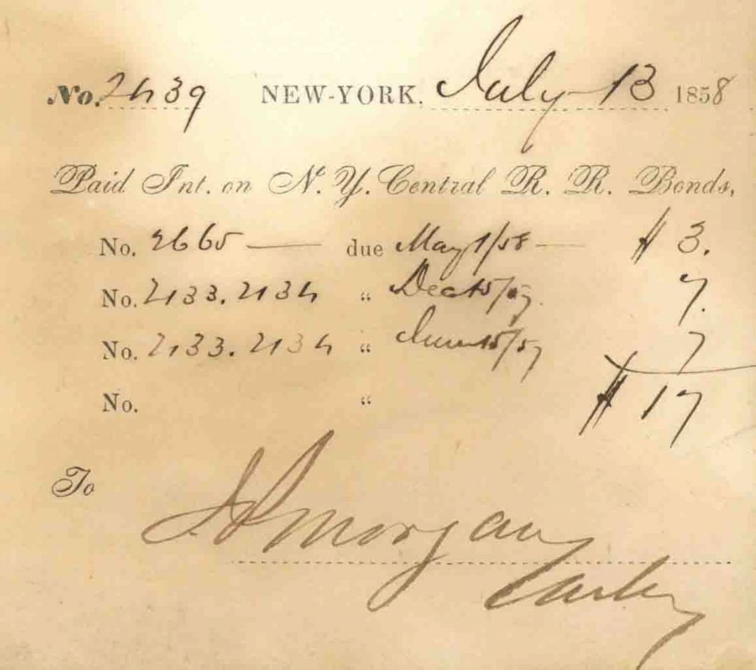 N.Y. Central R.R. Bonds ledger sheet signed by J. Pierpont Morgan - Very Early