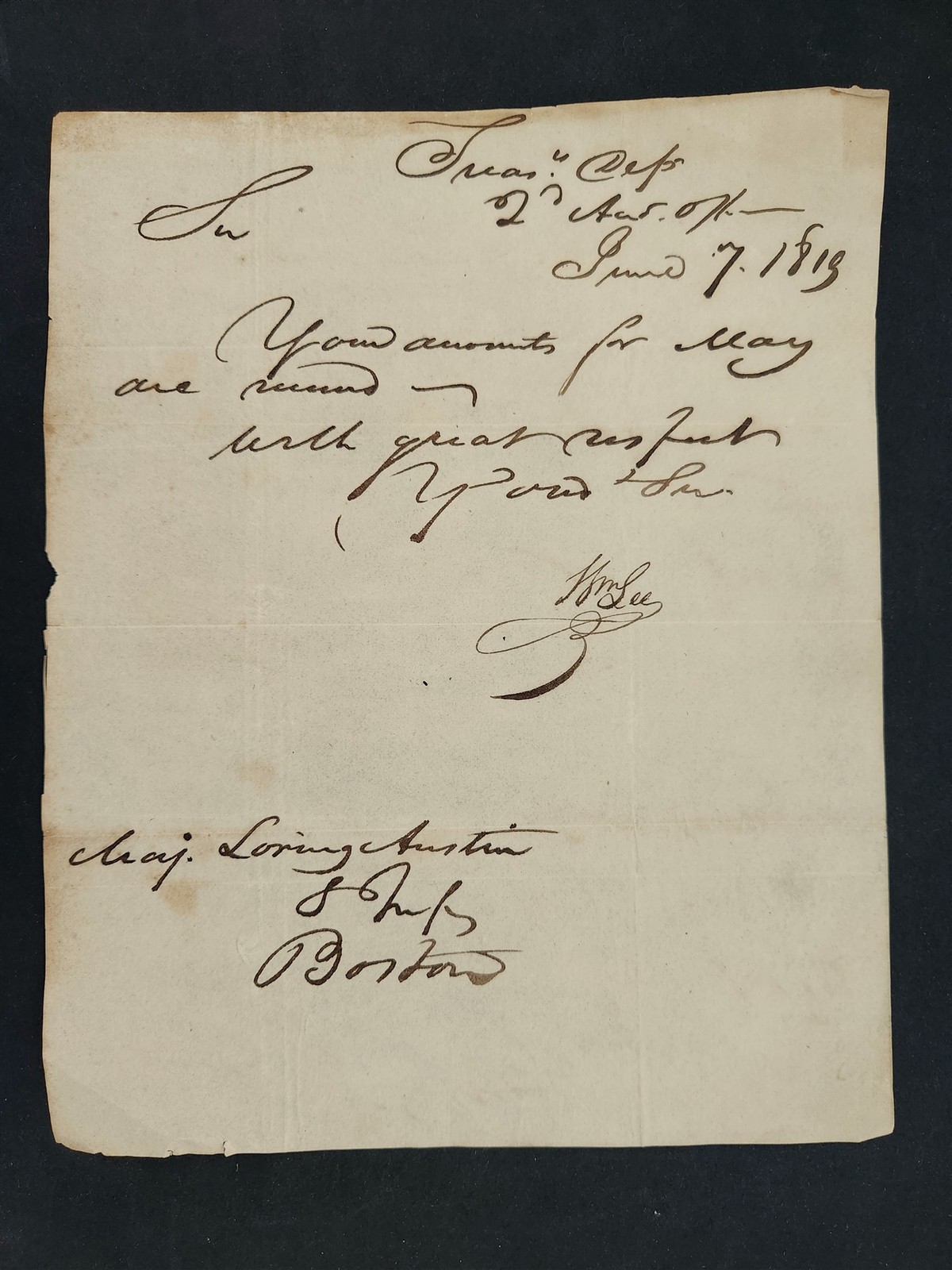 J7 1819 antique ALS TREASURY DEPT LETTER boston Maj LORING AUSTIN dc Wm LEE J7 1819 antique ALS TREASURY DEPT LETTER boston Maj LORING AUSTIN dc Wm LEE