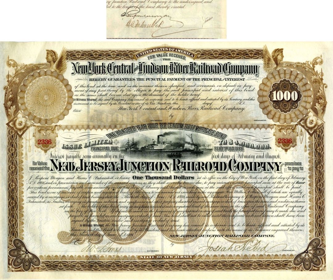 J. Pierpont Morgan signed New Jersey Junction Railroad - 1886 dated Uncanceled