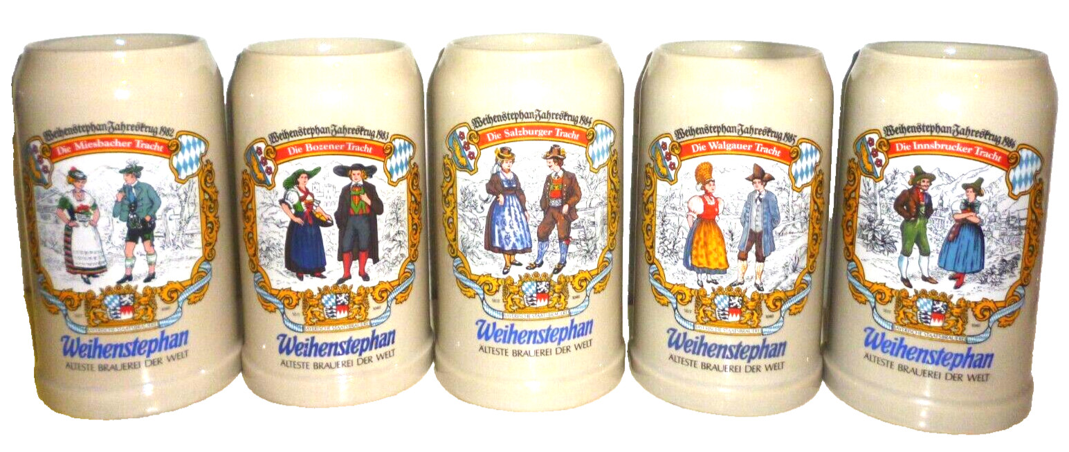 5 x 1980s Weihenstephan Freising Jahreskrug Trachten Masskrug German Beer Steins 5 x 1980s Weihenstephan Freising Jahreskrug Trachten Masskrug German Beer Steins