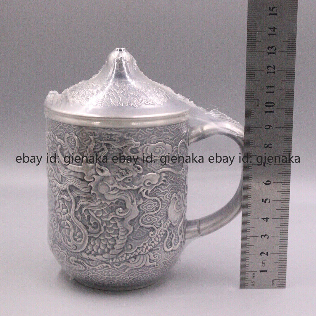 Fine 999 Pure Silver Mug Handmade Dragon Pattern with Lid Tea Cup Mugs 5.11inchH