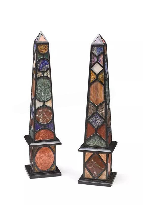 Custom Marble Obelisk with Two Pcs Multi Gemstone Inlay Housewarming Decorative