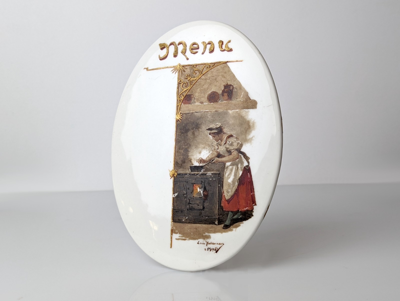 Luis Taberner Menu Plate in Oil on Porcelain Madrid 1896