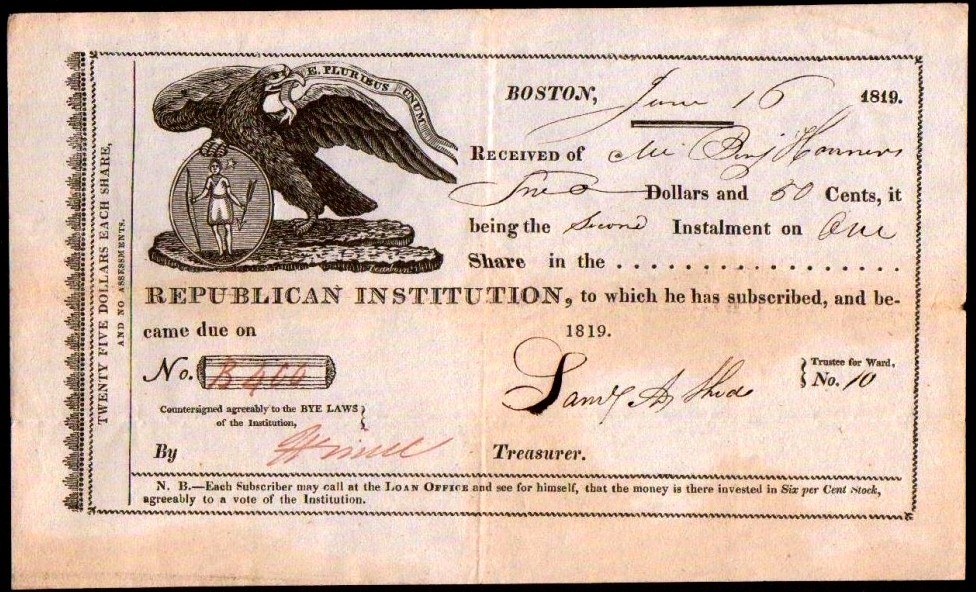 1819 Boston - POLITICAL RARITY - Republican Institution - EX RARE Certificate