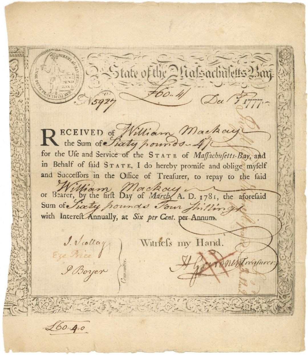 1777 dated State of Massachusetts Bay - Colonial Bond - Early Stocks and Bonds