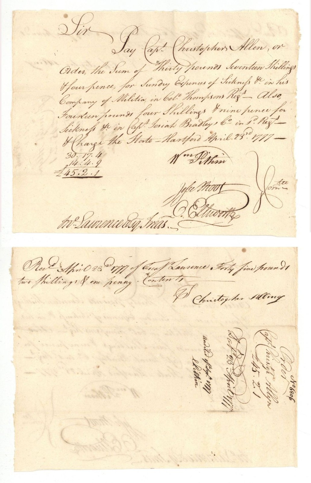 1777 dated Oliver Ellsworth, Jesse Root and William Pitkin signed Revolutionar 1777 dated Oliver Ellsworth, Jesse Root and William Pitkin signed Revolutionar