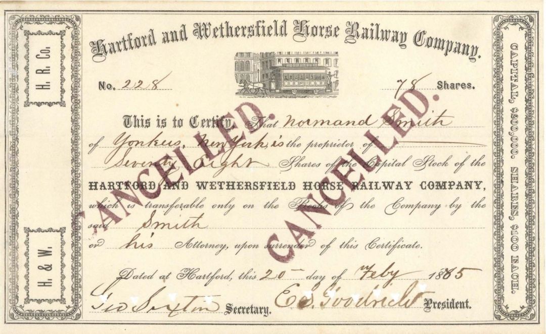 Hartford and Wethersfield Horse Railway Co. - 1864 or 1865 dated Connecticut Rai