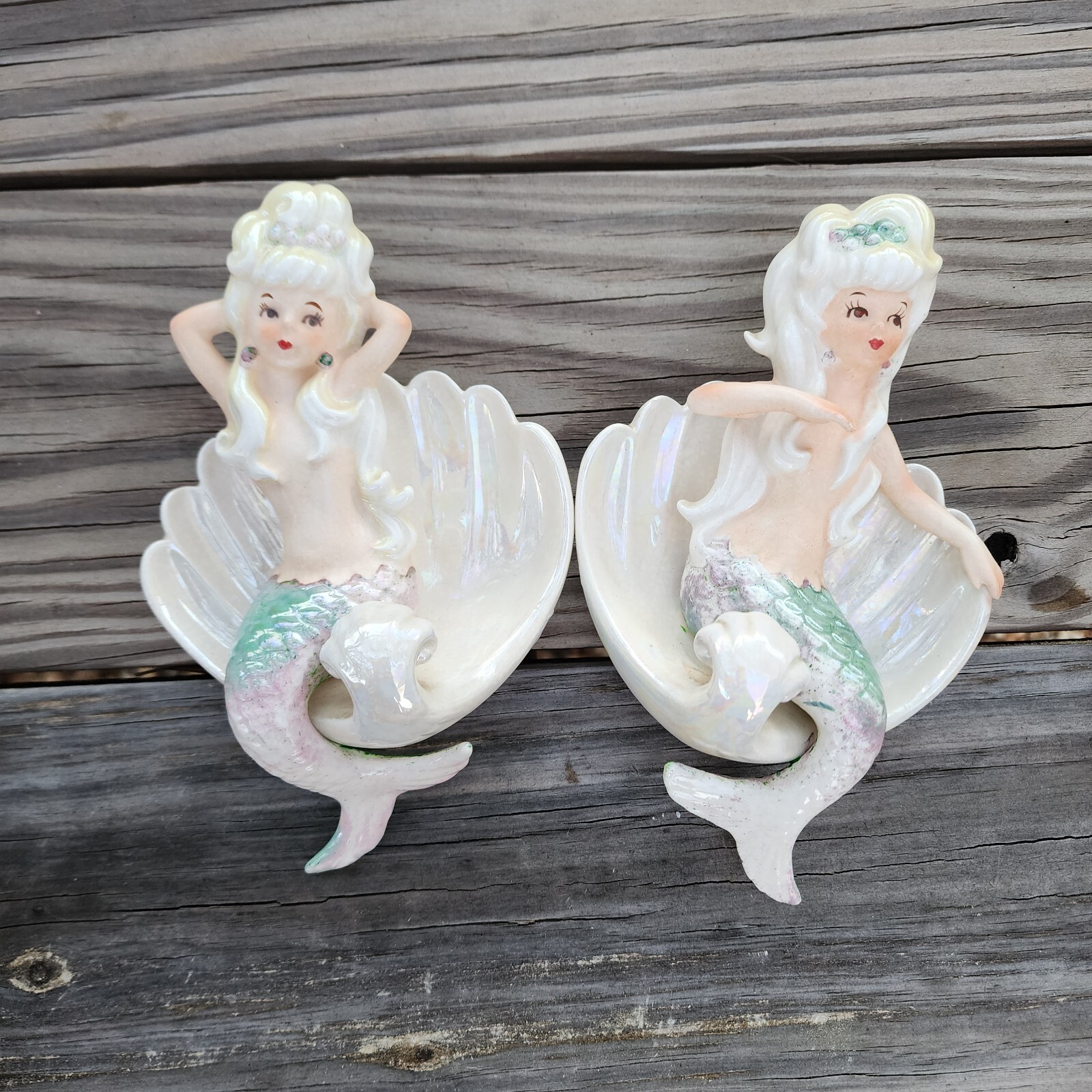 VTG Lefton Ceramic Pair Set Mermaid Shells Iridescent MERMAID Wall Plaque 50's VTG Lefton Ceramic Pair Set Mermaid Shells Iridescent MERMAID Wall Plaque 50's