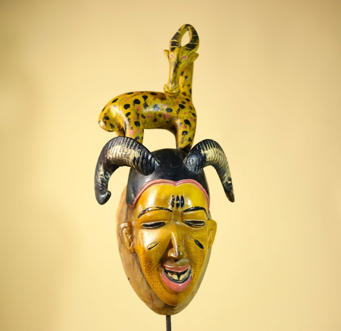 African Vintage Guro Tribal Mask with Spotted Antelope and Horn Figure Art-G6049