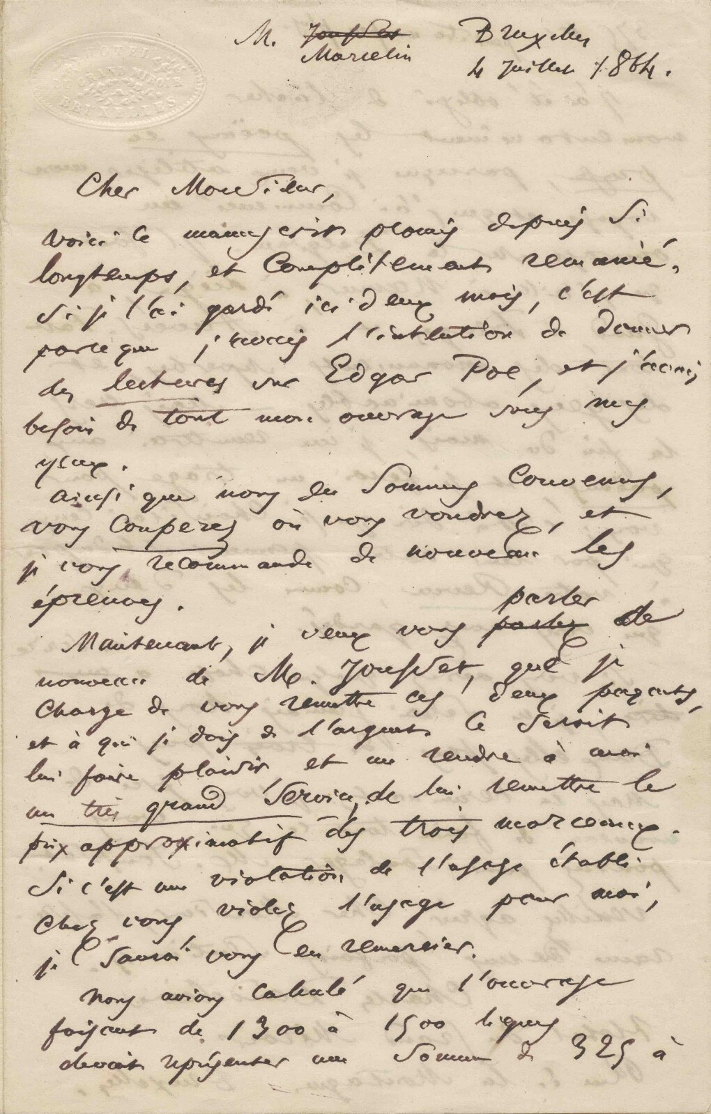 Charles BAUDELAIRE - Signed Autograph Letter. Edgar Poe and Prose Poems. Charles BAUDELAIRE - Signed Autograph Letter. Edgar Poe and Prose Poems.