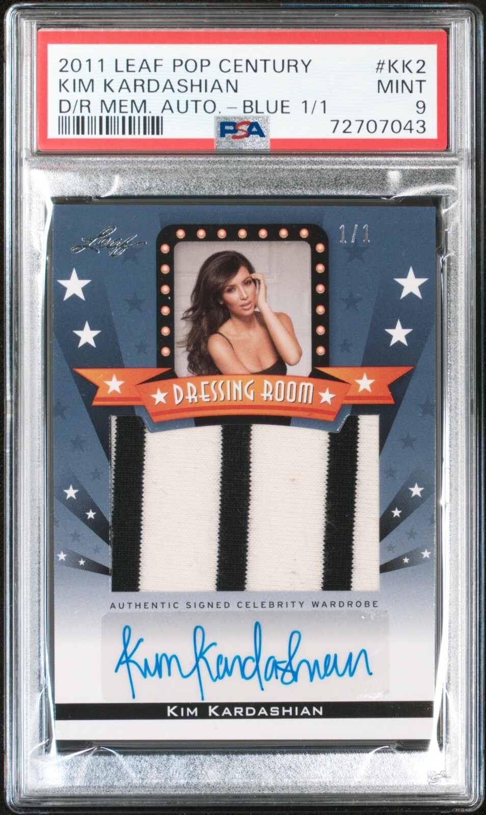 Kim Kardashian 2011 Leaf Pop Century Dressing Room Rookie Patch Auto 1/1 PSA 9 Kim Kardashian 2011 Leaf Pop Century Dressing Room Rookie Patch Auto 1/1 PSA 9