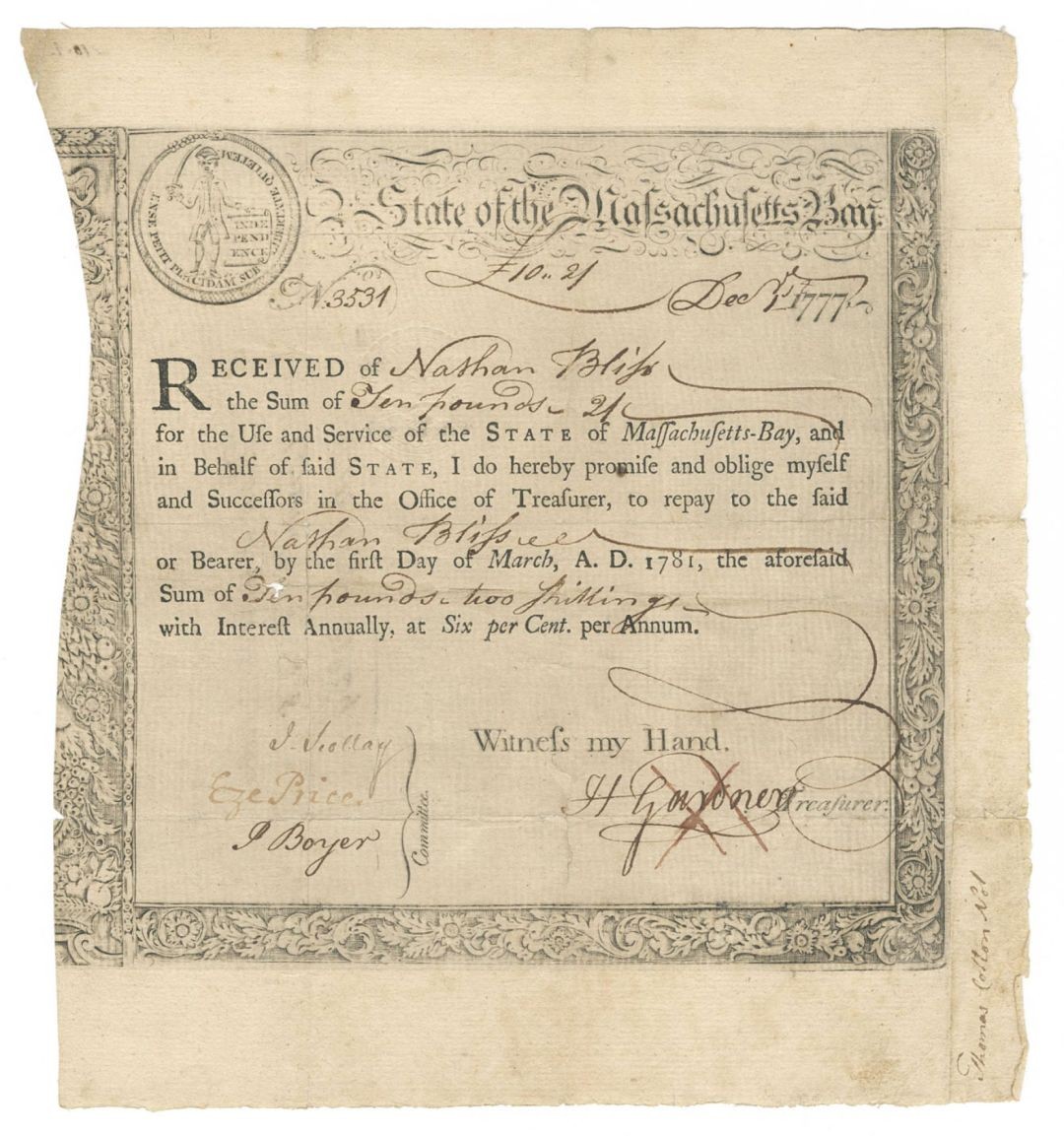 1777 dated Massachusetts Document - Colonial Bonds - Colonial Bonds 1777 dated Massachusetts Document - Colonial Bonds - Colonial Bonds