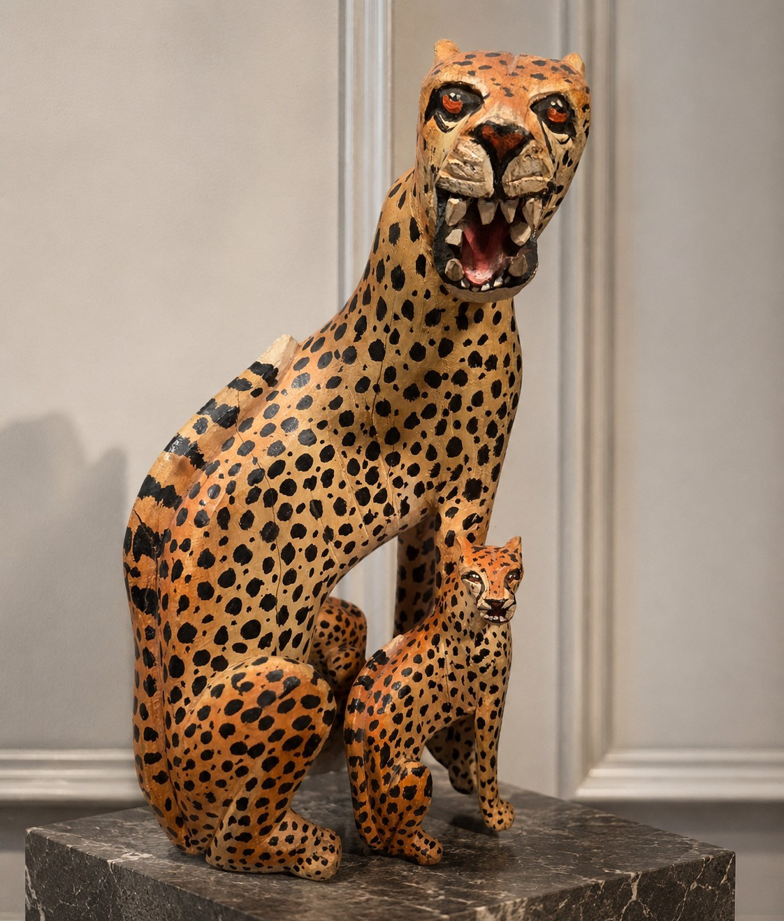 Hand-Carved Wooden Cheetah Mother & Cubs Statue – Tanzania African Folk Art