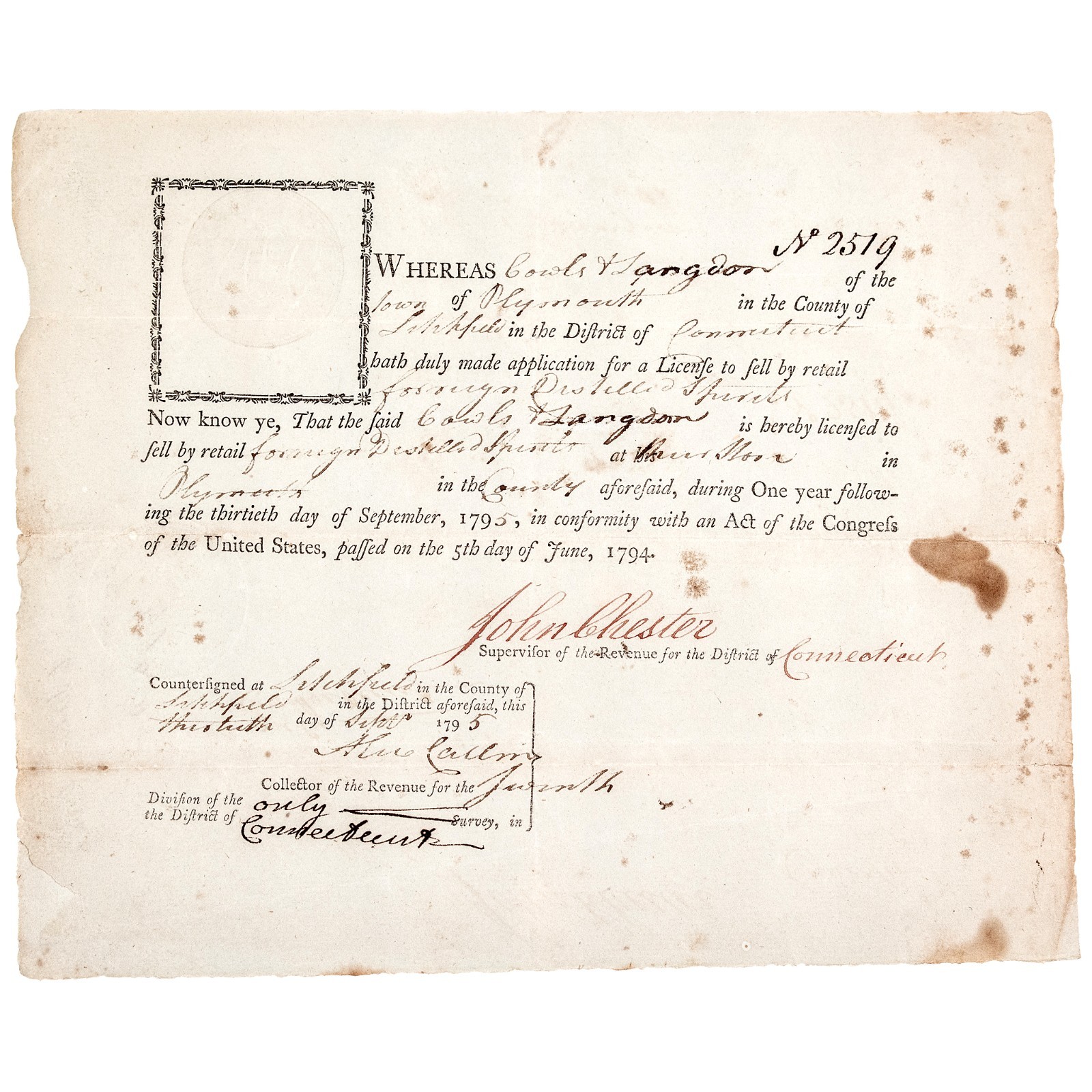 JOHN CHESTER Signed as a Connecticut “Collector of the Revenue” JOHN CHESTER Signed as a Connecticut “Collector of the Revenue”