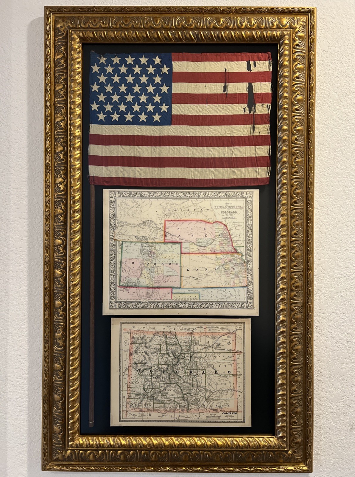 Antique 38 Star Signed American Flag Silk Colorado Maps 1861-1886 Framed USA US