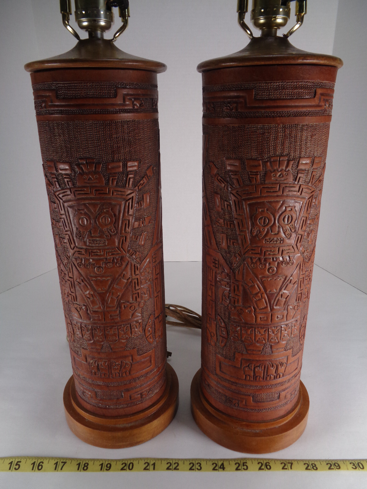 Pair of Vintage Lamps Cylinder Shaped Leather Wrapped Ancient Aztek Mayan Theme Pair of Vintage Lamps Cylinder Shaped Leather Wrapped Ancient Aztek Mayan Theme