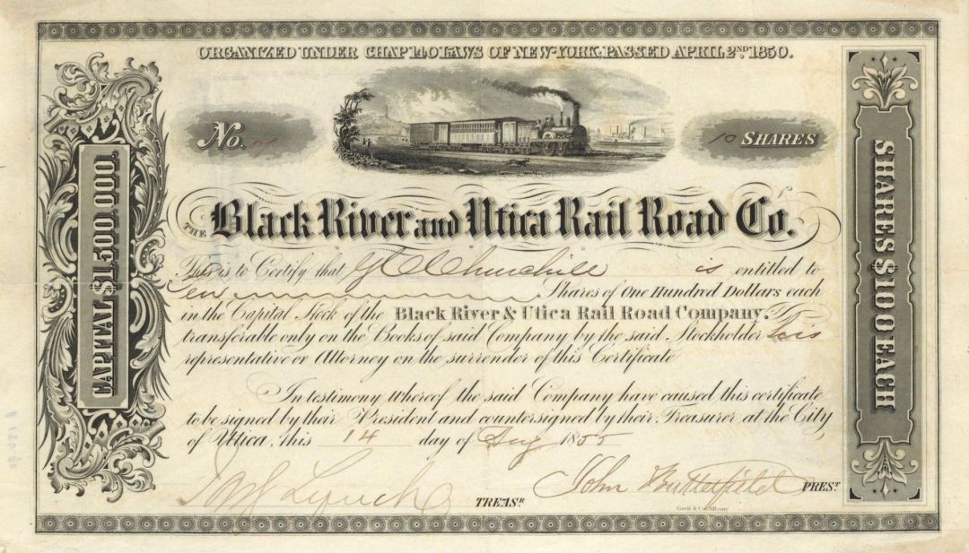 Black River and Utica Railroad Co. signed by John Butterfield - 1855 dated Aut Black River and Utica Railroad Co. signed by John Butterfield - 1855 dated Aut