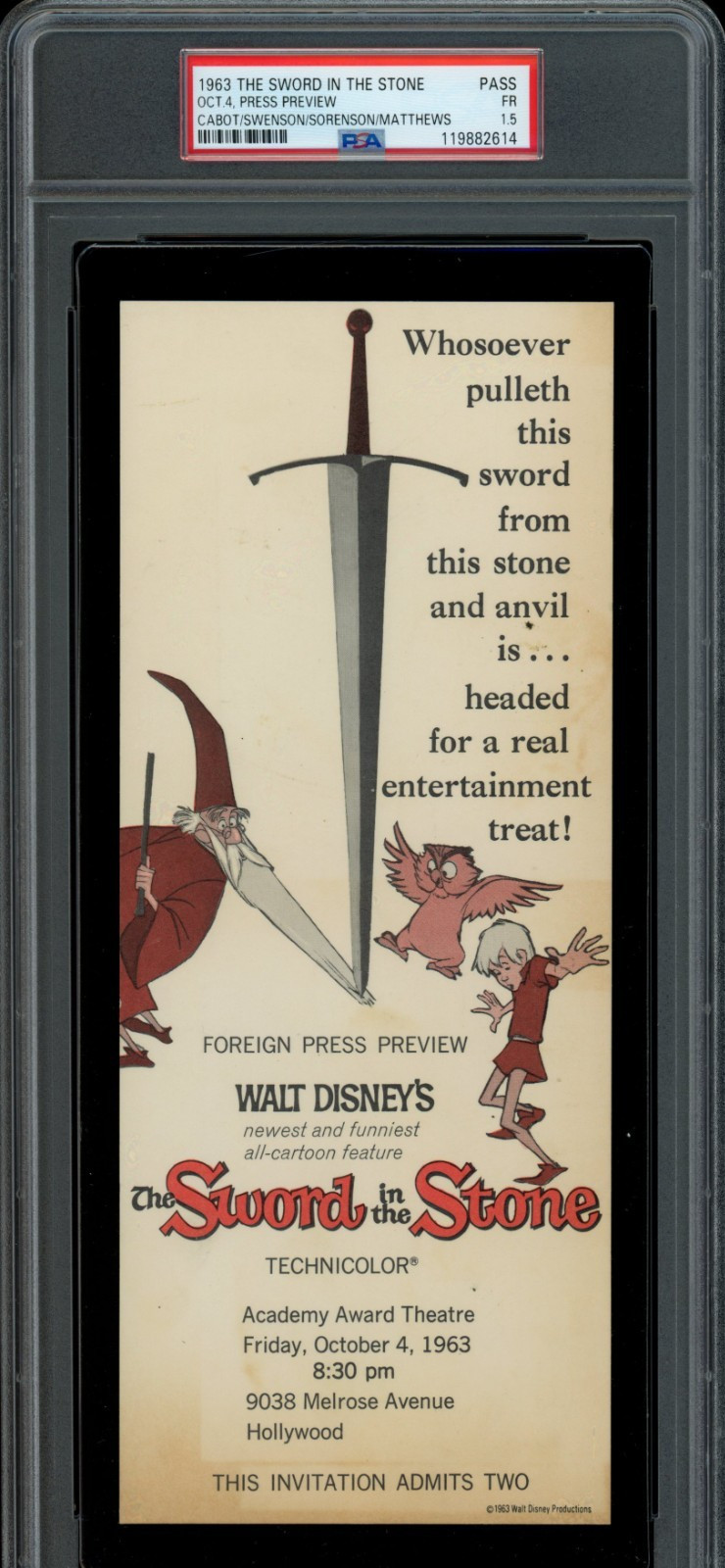 THE SWORD IN THE STONE / 1963 Walt Disney Press Preview Movie Ticket, PSA 1.5