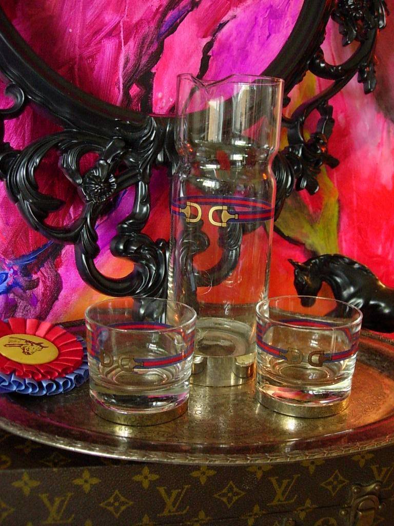 RARE Vintage GUCCI Carafe Pitcher Old Fashion Glasses Holiday Service Barware GG
