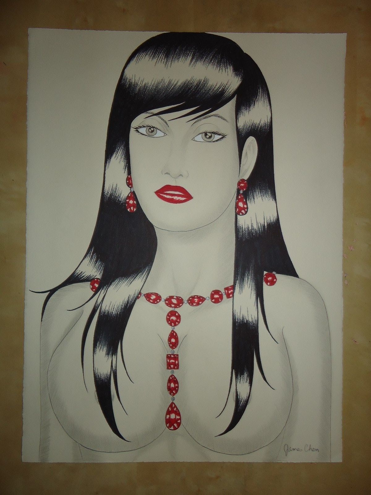 ORIGINAL PAINTING ENTITLED  ''WOMAN WITH RED RUBIES'' BY COMIC ARTIST JAMES CHEN