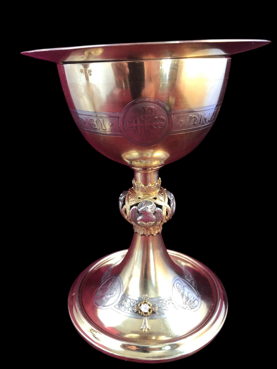 Antique Rare Sterling Silver Vermeil Chalice and Paten with 1ct Diamond 19th C Antique Rare Sterling Silver Vermeil Chalice and Paten with 1ct Diamond 19th C