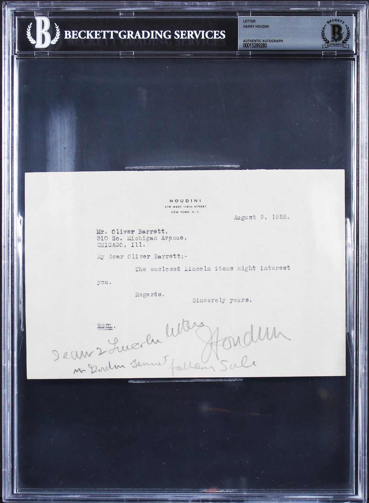 Harry Houdini Signed 5.5x8.25 1926 Letter On Personal Letterhead BAS Slabbed Harry Houdini Signed 5.5x8.25 1926 Letter On Personal Letterhead BAS Slabbed