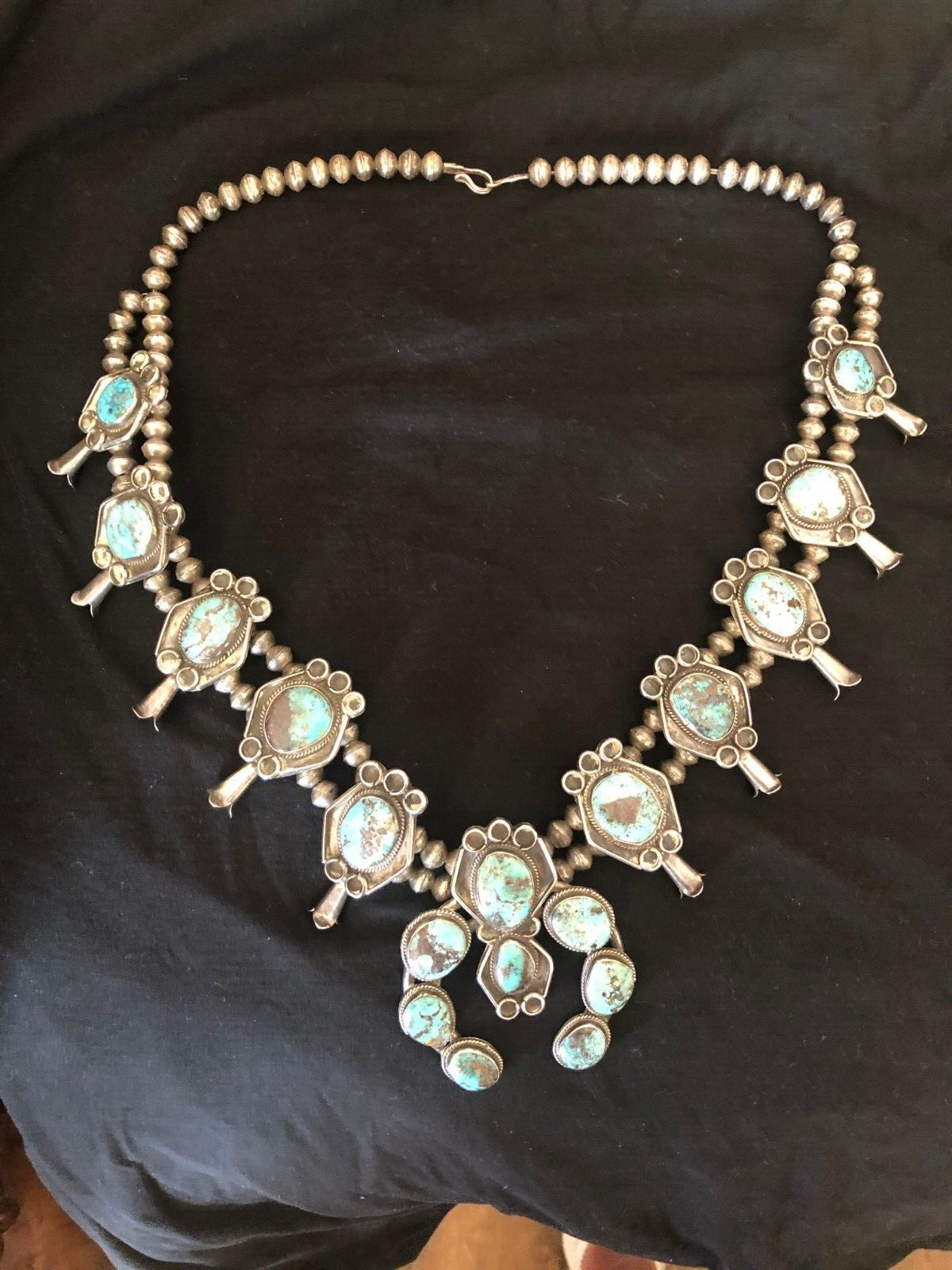 Vintage Az Estate Bisbee Sterling Turquoise Navajo Squash Blossom Necklace 291 G Vintage Az Estate Bisbee Sterling Turquoise Navajo Squash Blossom Necklace 291 G