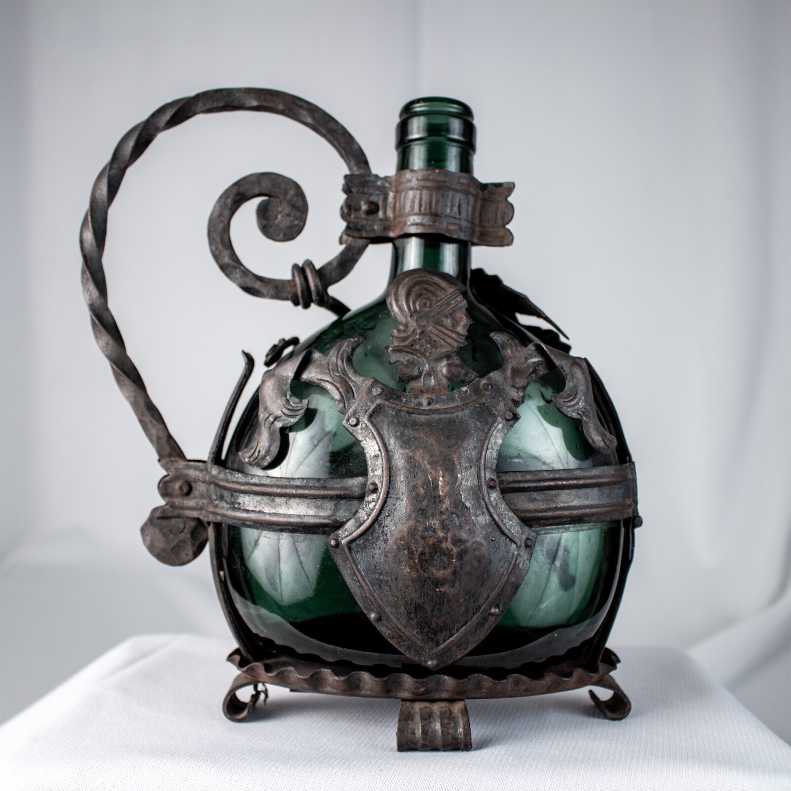 Antique Medieval 1400s Handmade Shield Grape Green Glass Store Iron Cast Pitcher Antique Medieval 1400s Handmade Shield Grape Green Glass Store Iron Cast Pitcher