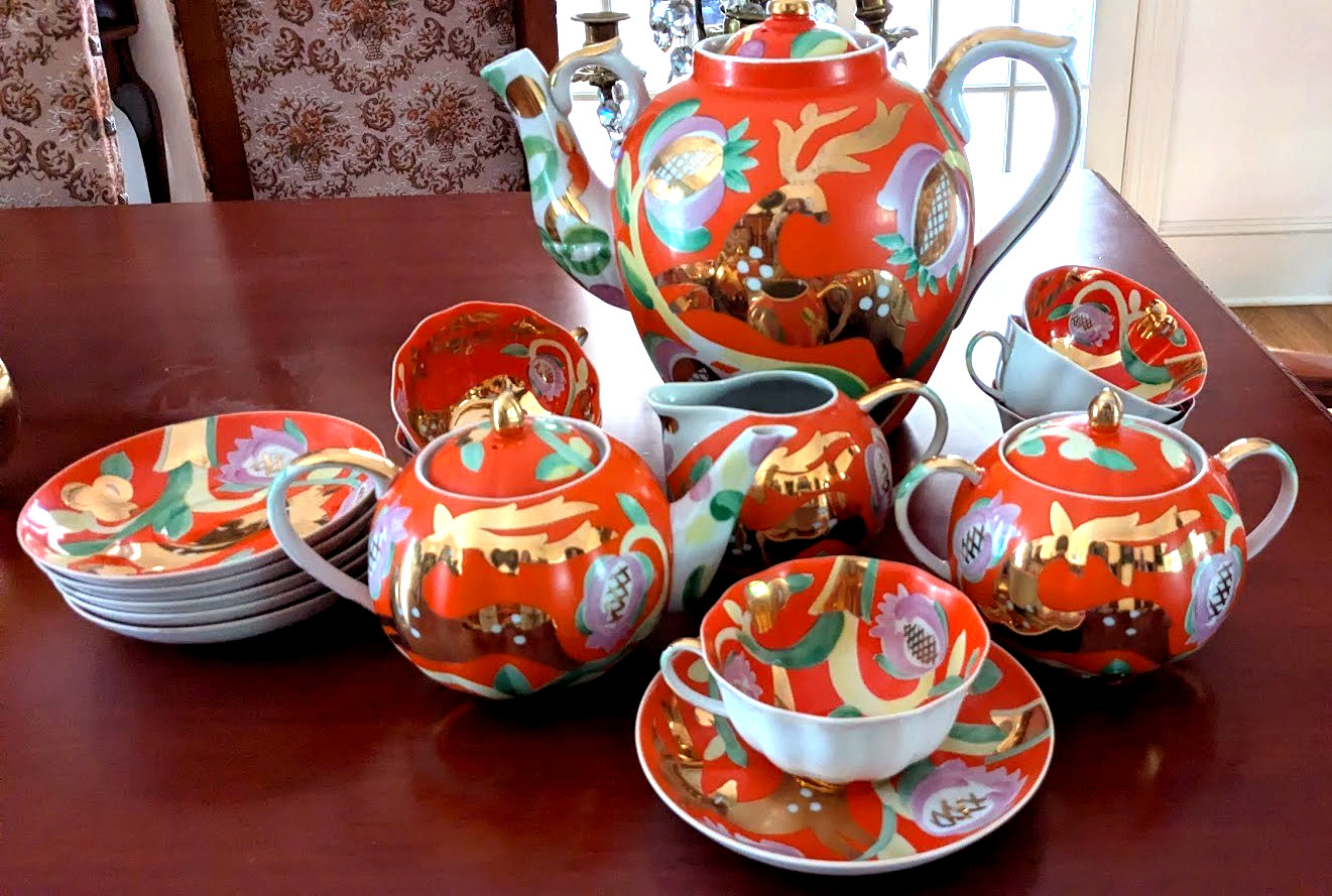 Vintage Dulevo U.S.S.R. PORCELAIN GILT & ORANGE Deer Pattern Tea Set for 6, New
