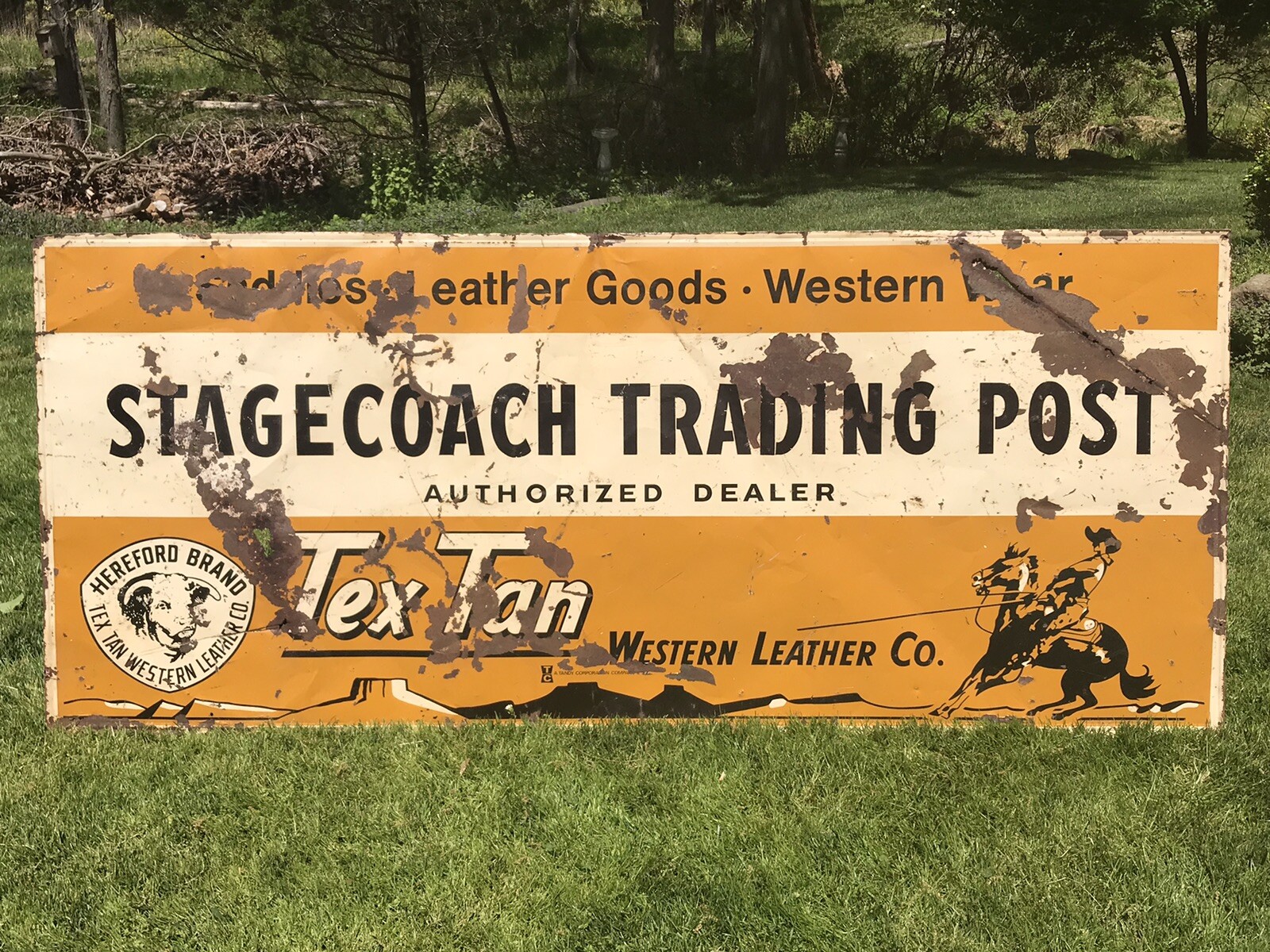 Vintage Hereford Brand Textan Leather Stagecoach Trading Post Metal Sign 7’x3’ Vintage Hereford Brand Textan Leather Stagecoach Trading Post Metal Sign 7’x3’