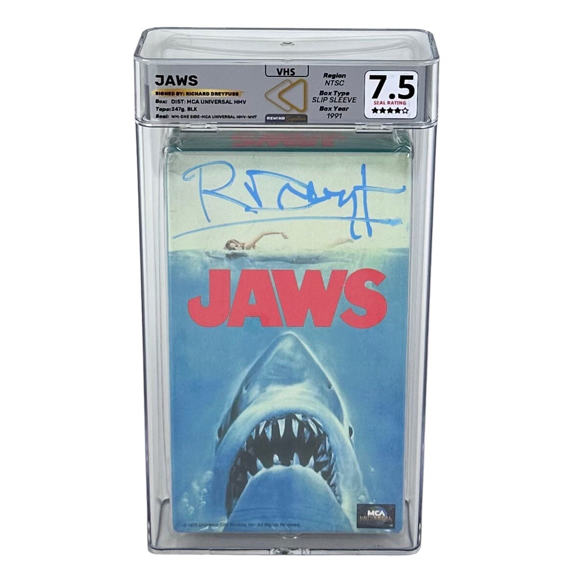 New Jaws Signed by Richard Dreyfuss Rewind 7.5 Graded Sealed VHS Tape New Jaws Signed by Richard Dreyfuss Rewind 7.5 Graded Sealed VHS Tape