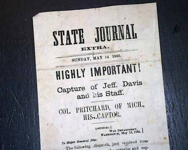 Unique JEFFERSON DAVIS CAPTURED Confederate President 1865 Miniature BROADSIDE Unique JEFFERSON DAVIS CAPTURED Confederate President 1865 Miniature BROADSIDE